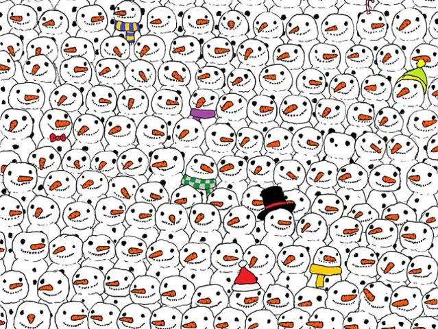 Illustration showing many snowmen with one on panda