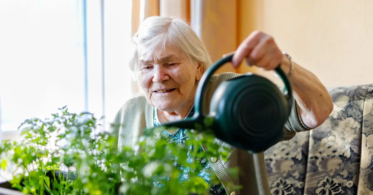 elderly woman watering plants