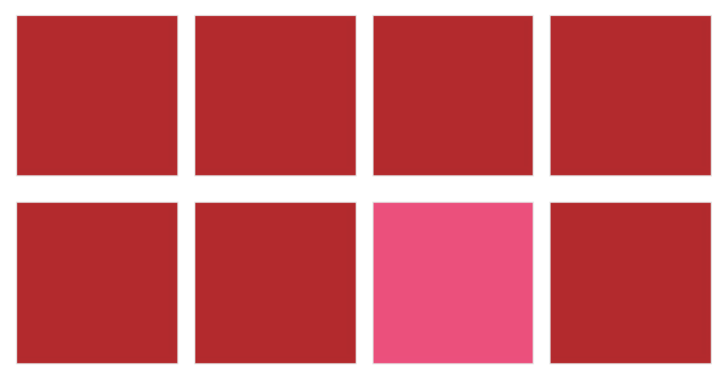 8 squares. 7 red and 1 pink