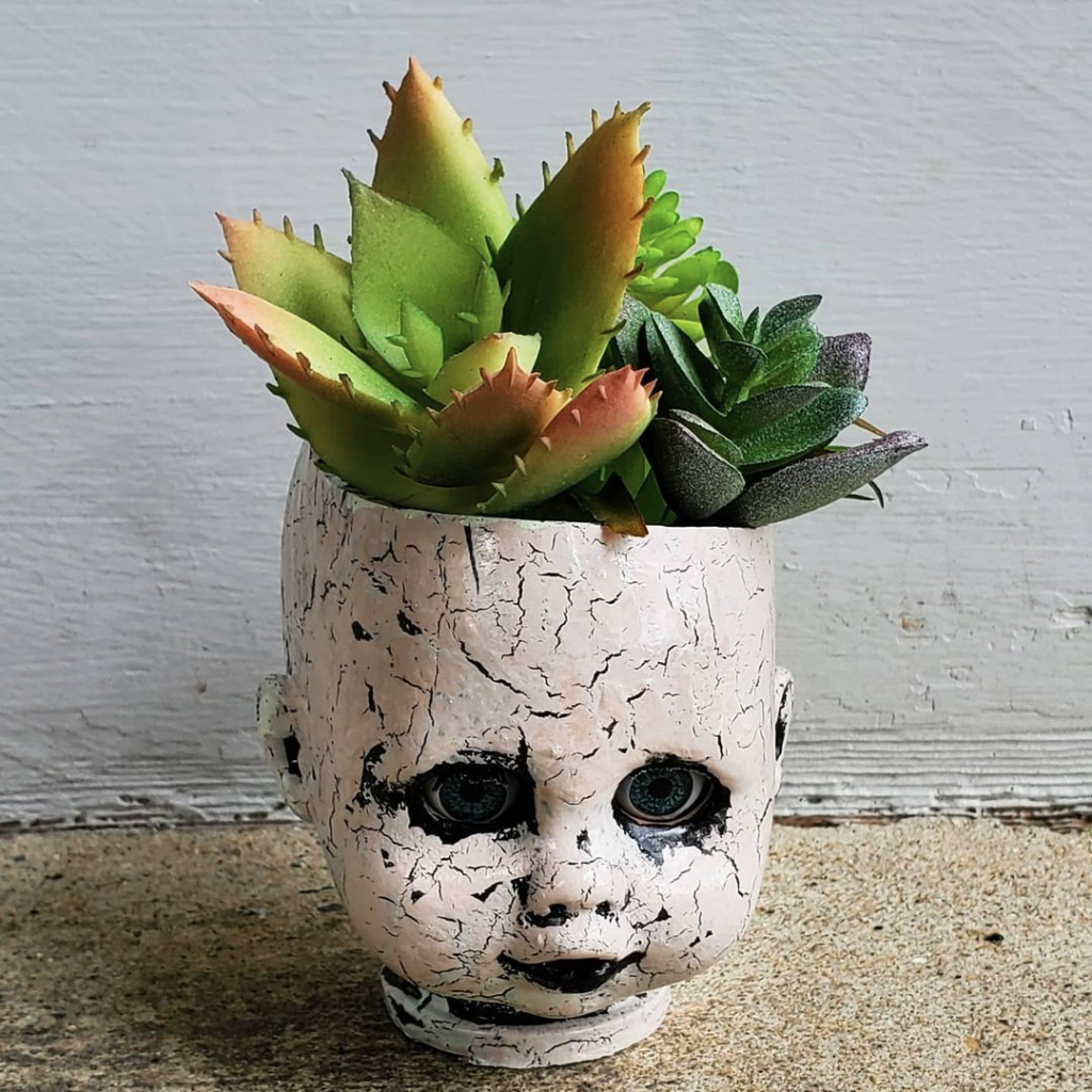 Dolls head planters containing succulents.