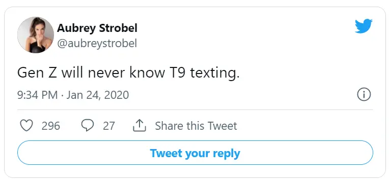 tweet about T9 texting and how the thought of it makes you feel old