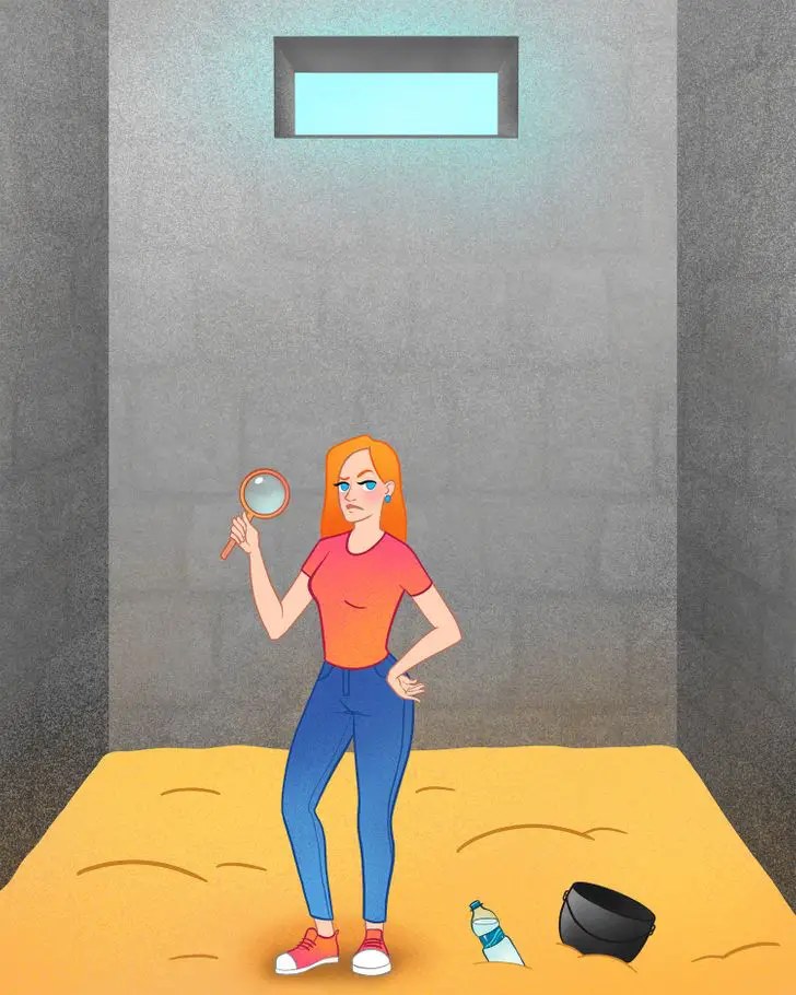 illustration of woman stuck in a basement with a sand floor, while holding a magnifying glass