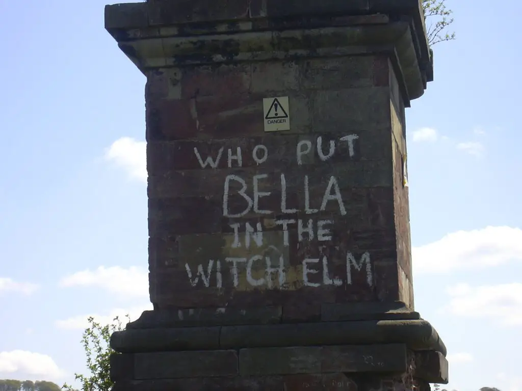 Modern graffiti on the Wychbury Obelisk. The original 1944 graffiti, written on a wall in Birmingham, was worded and spelled slightly differently.