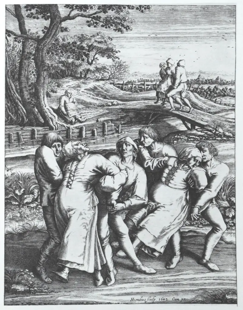 Dancing mania on a pilgrimage to the church at Sint-Jans-Molenbeek, a 1642 engraving by Hendrick Hondius after a 1564 drawing by Pieter Brueghel the Elder