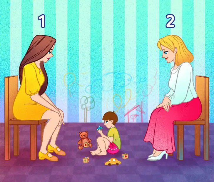 illustration of two woman sitting on either side of a young boy playing on the floor with toys