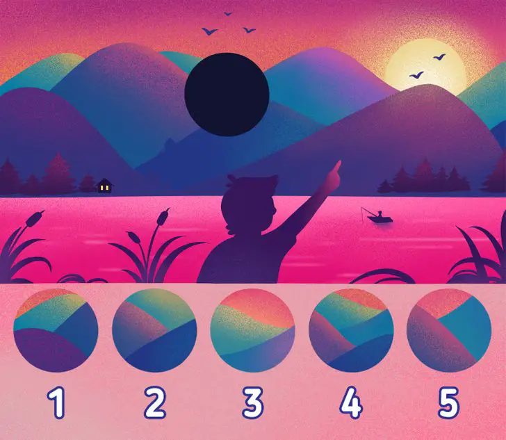 illustration of mountains and a lake in the foreground. a brain teaser with a missing piece 