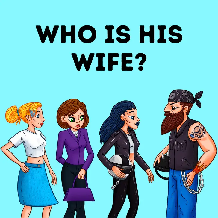 cartoon images of three woman and a male biker. The image says "who is his wife?"