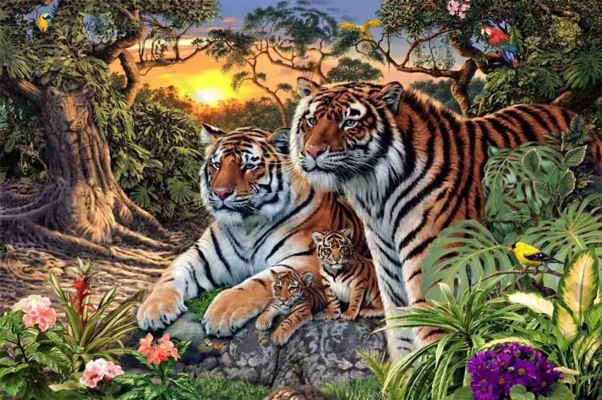 painting with multiple tigers hidden throughout