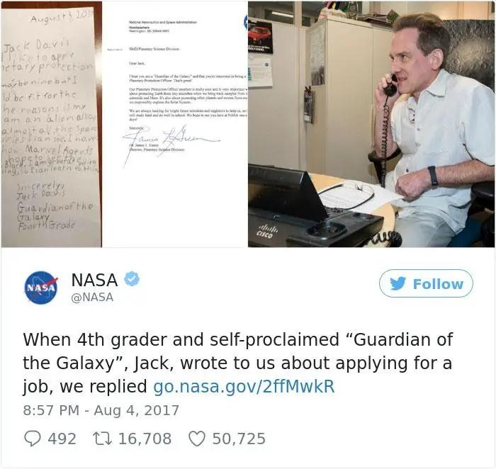 twitter post about 9-year-old Jack Davis's letter to Nasa 