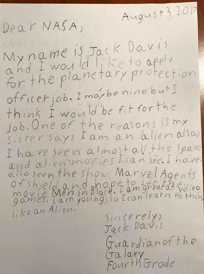 9-year-old Jack Davis's letter to NASA