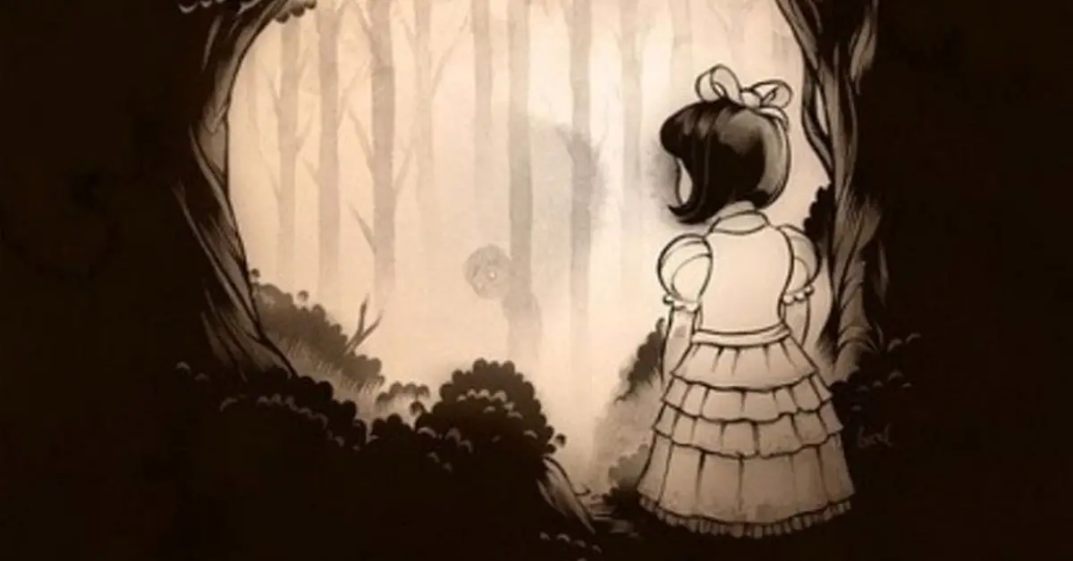 interpretive illustration of a little girl looking into the woods