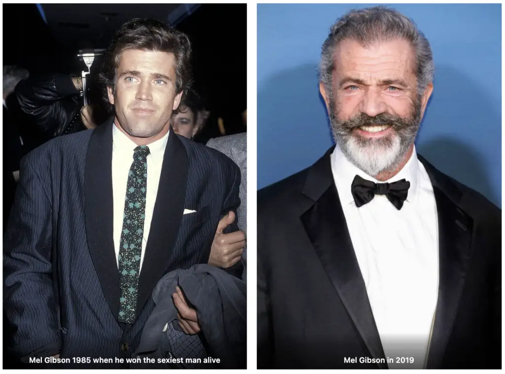 Mel Gibson in 1985 and in 2019