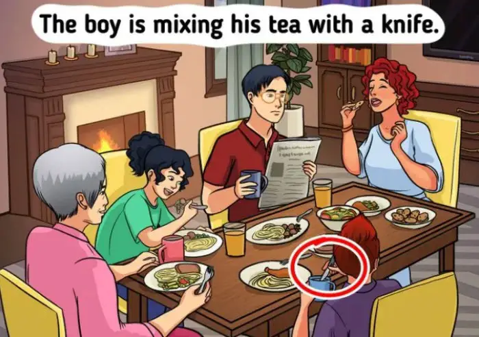 illustration of family eating dinner. Find the odd thing out. The boy is mixing his tea with a knife