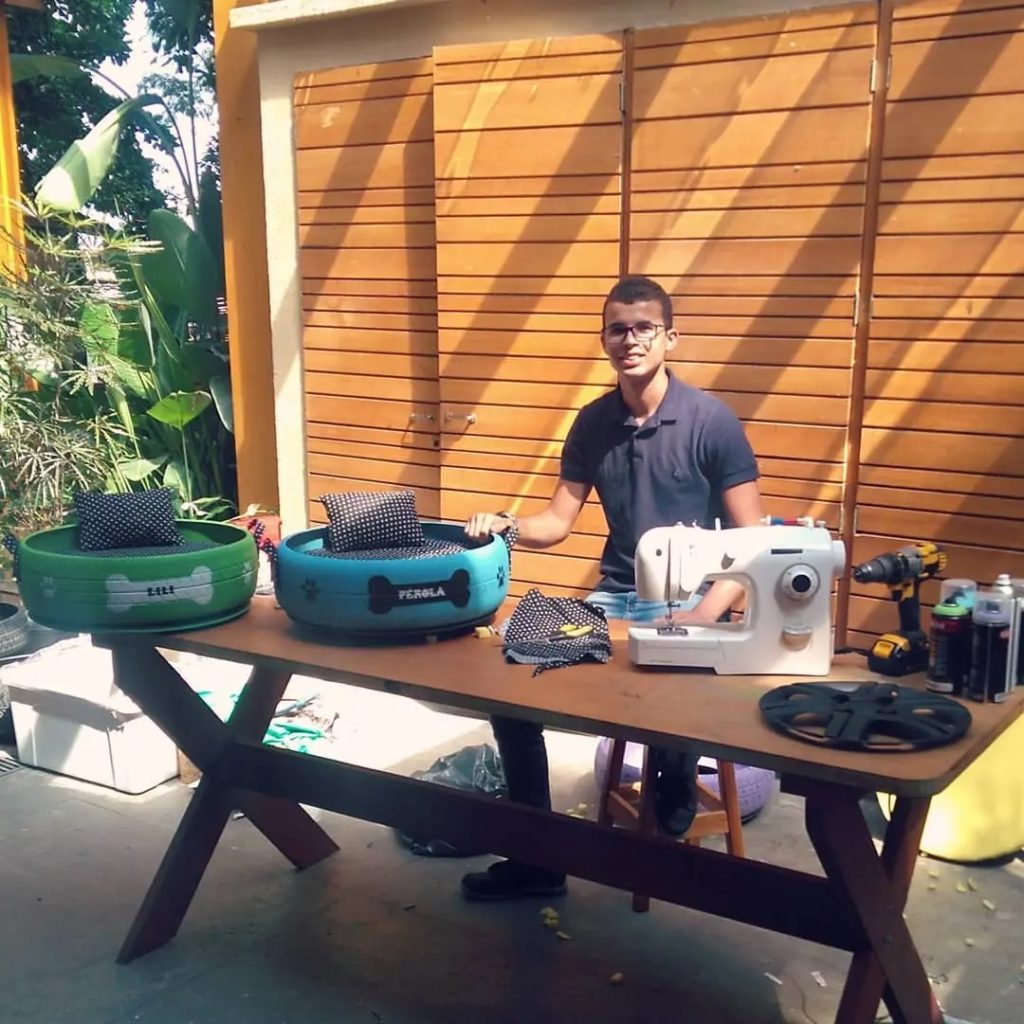 Silva working on a pet bed