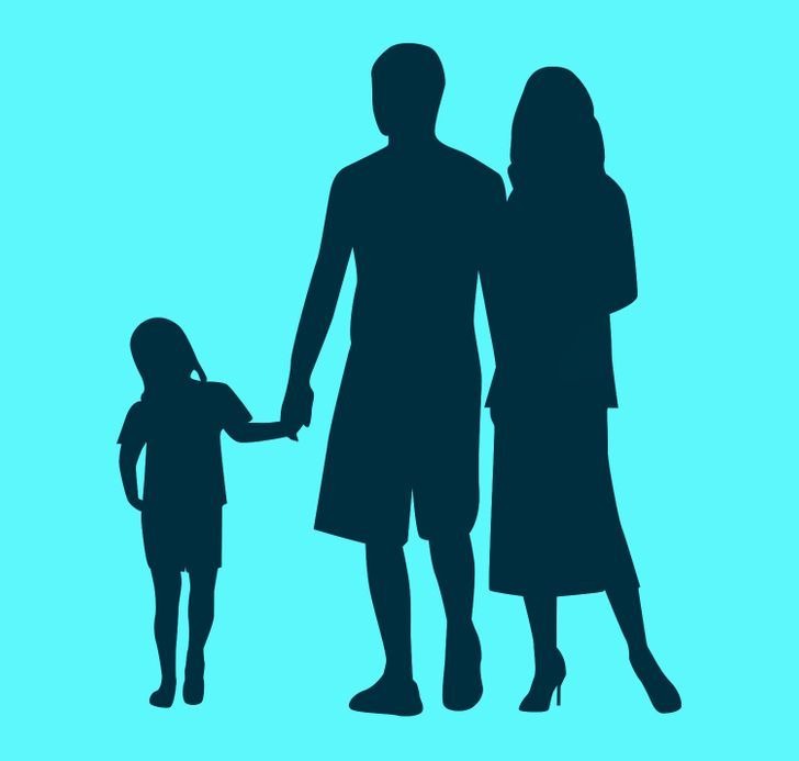 silhouette image of a  three person family. A little girl (left), a father (middle) and mother left. 