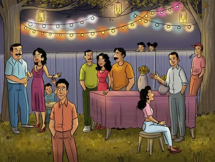 illustration of a outdoor gathering in the evening. String lights can bee seen between trees