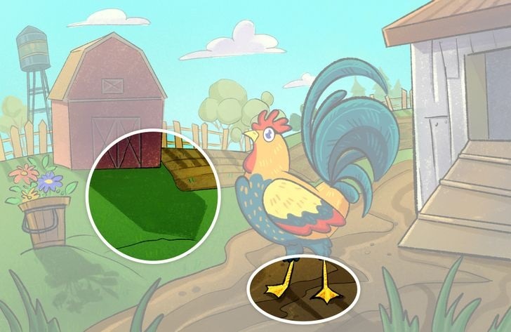 illustration of rooster just outside of hen house on a farm. A barn can be seen with a water tower in behind
