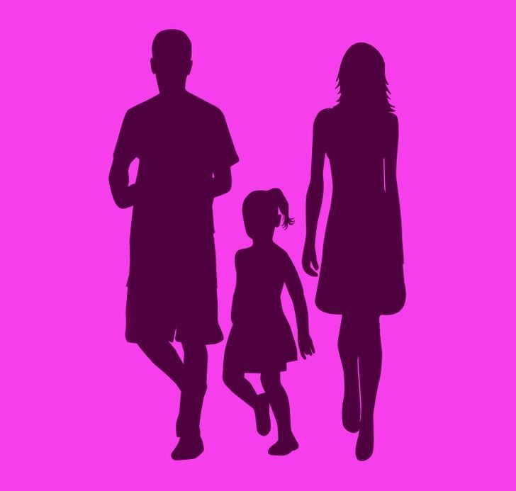silhouette image of a  three person family. A little girl (middle), a father (left) and mother (right). 