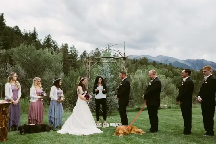 Kelly O'Connell getting married, with Charlie Bear on her left.