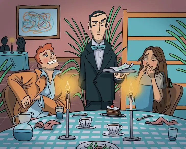 illustration of waiter and 2 patrons dining 