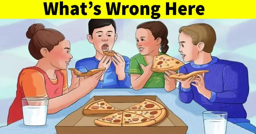 illustration of a group of 4 people eating pizza at a table. image is captioned with "What's Wrong Here"