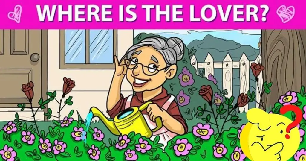 illustration of elderly woman watering her rose bushes 