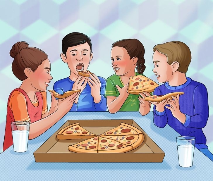 group of 4 kids eating pizza