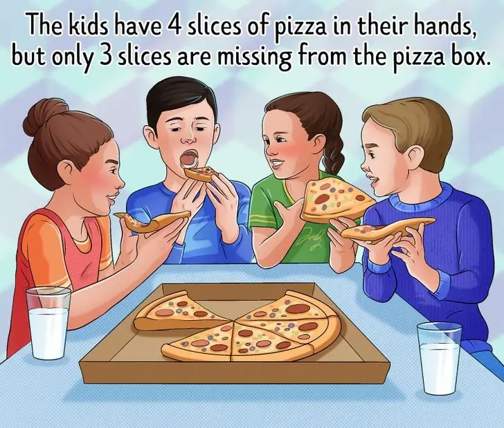 group of 4 kids eating pizza