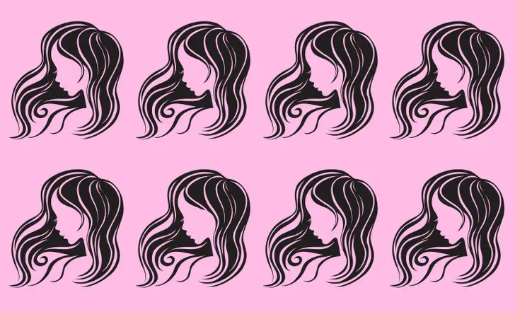 8 female heads with long flowing hair. One looks slightly different than the rest. 