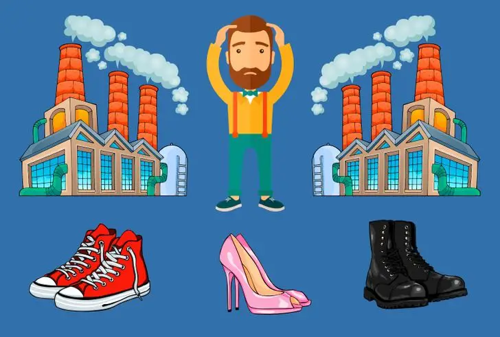 illustration of bearded man scratching head with two factories beside him. Below you can see a red pair of sneakers, pink high heels, and black army boots