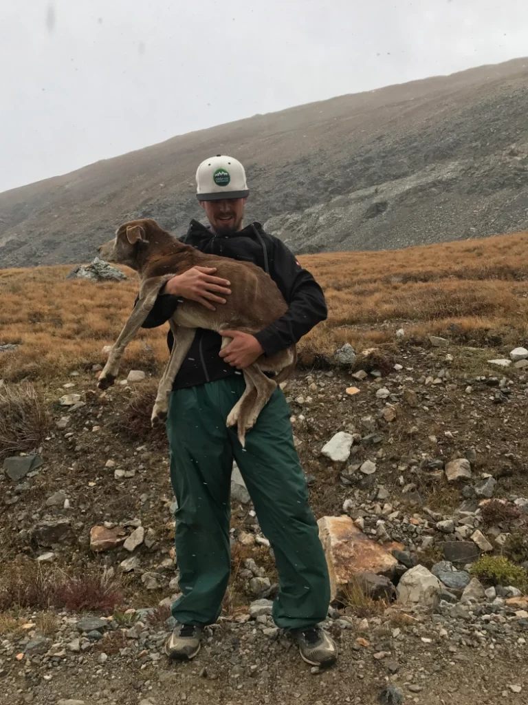 Sean carries the missing dog down the mountain.
