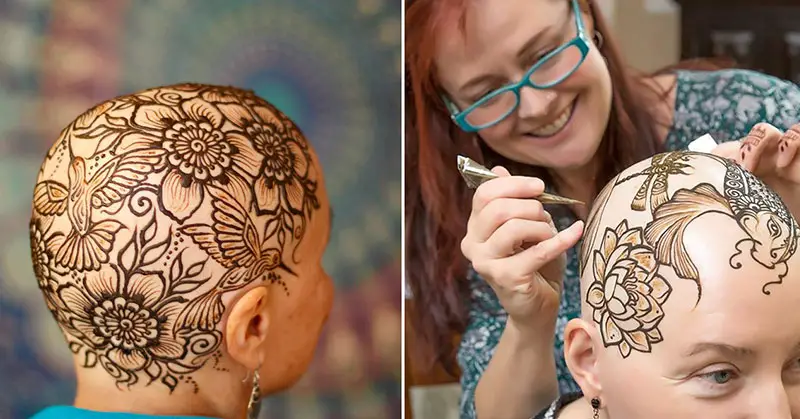 artists applying a henna crown on women with alopecia
