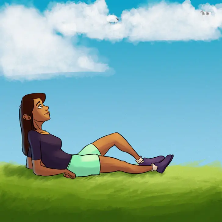 illustration: girl laying in field staring at blue sky