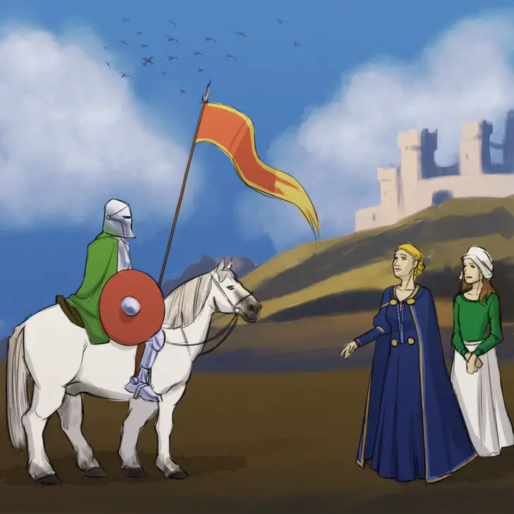 illustration: knight on white horse and a princess and her aid 