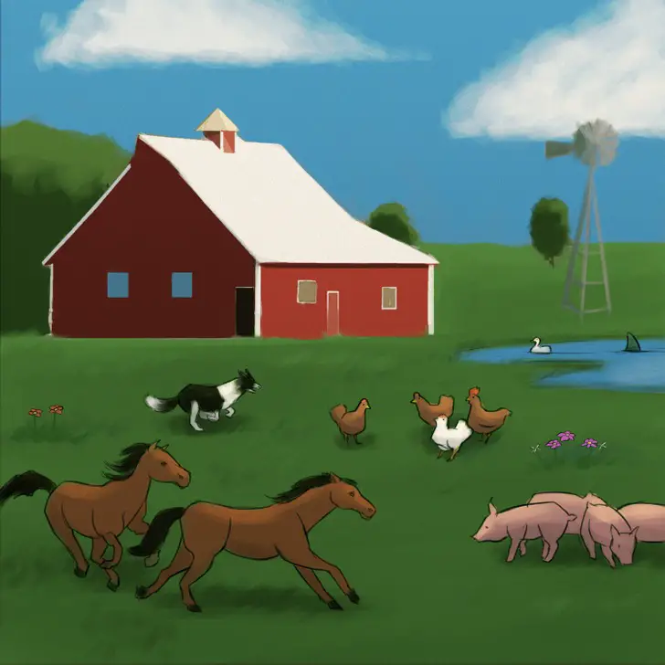 illustration: farmers field with horses pigs, chickens and a dog