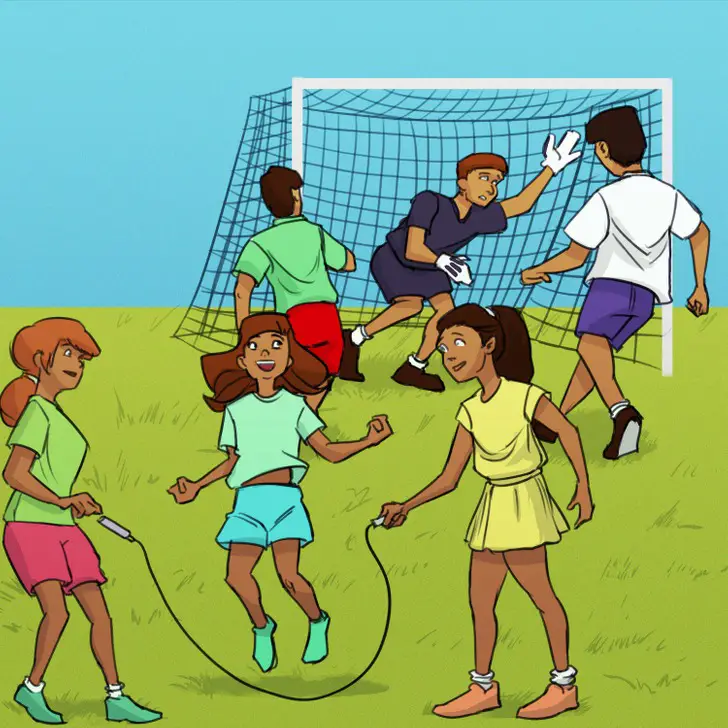illustration: children playing soccer and jump rope