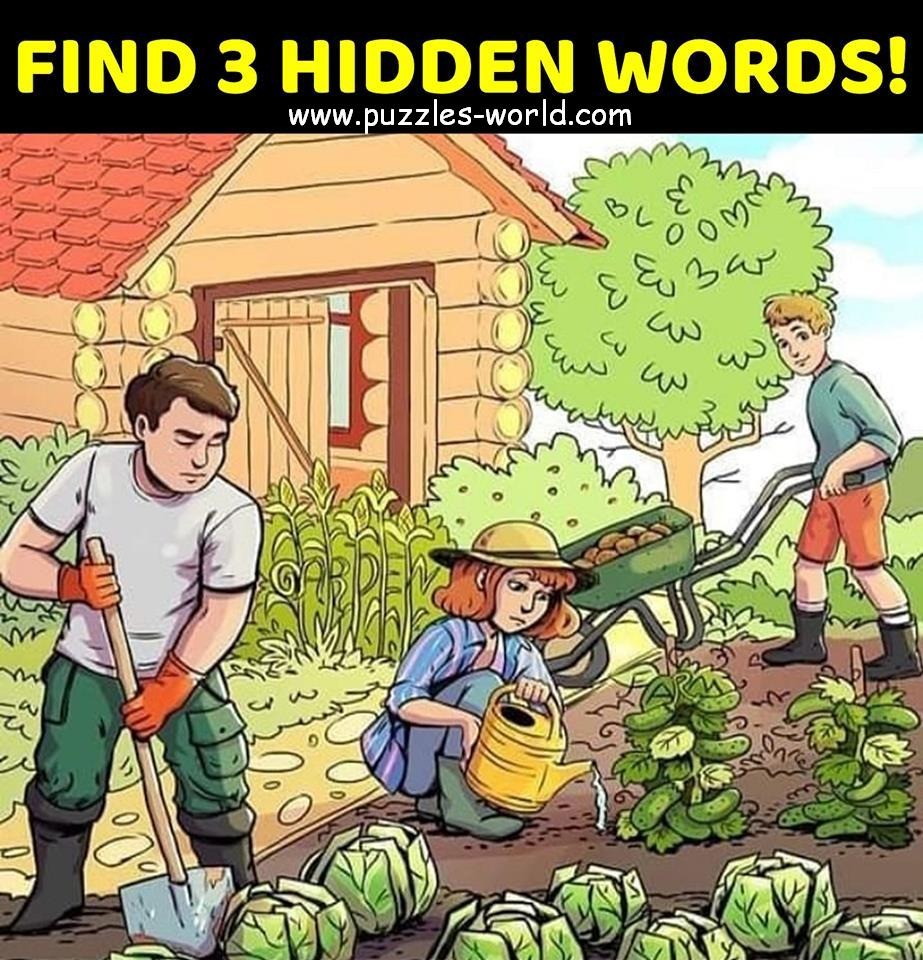 illustration of 3 people working in a garden, 3 words are hidden in the image