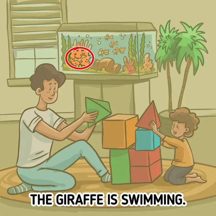 illustration of father and son building blocks with each other. A giraffe can be seen in the fish tank behind them
