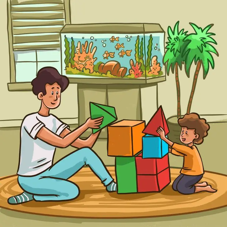 illustration of father and son building blocks with each other