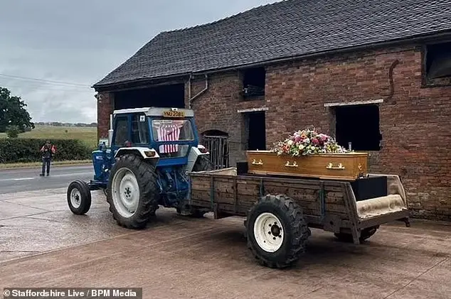 The coffin of farmer George Brookes, on the back of the tractor.