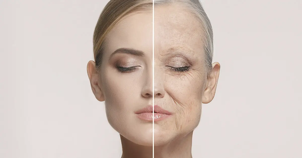 Comparison. Portrait of beautiful woman with problem and clean skin, aging and youth concept, beauty treatment and lifting. Before and after concept. Youth, old age. Process of aging and rejuvenation