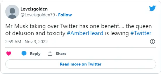 Twitter post regarding Amber Heard's Twitter account