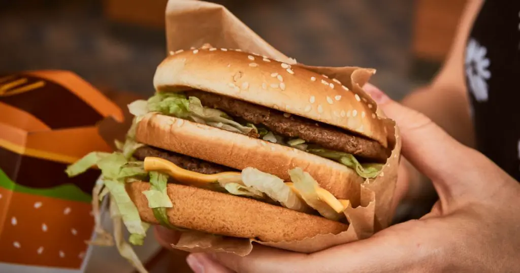 Burger in hand. Big tasty burger in the girl's hand. Big Mac.
