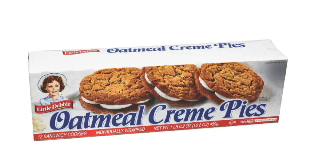 IRVINE, CALIFORNIA - 22 MAY 2022: A box of Little Debbie Oatmeal Creme Pies, sandwich cookies.
