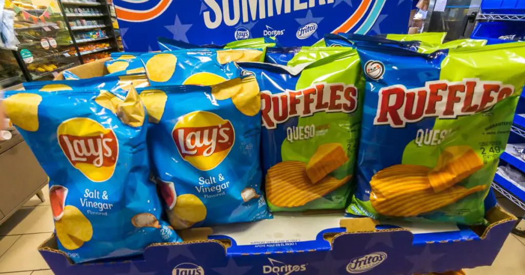 New York NY USA-July 20, 2023 A display of tasty PepsicoÕs Frito-Lay brand chips and snacks in New York

