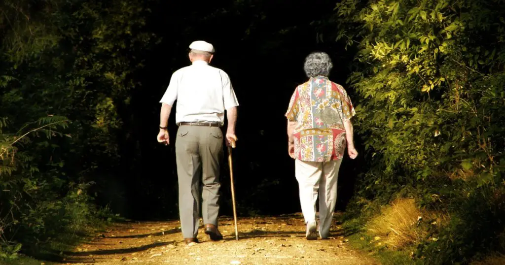 elderly couple walk downa  path in the woods