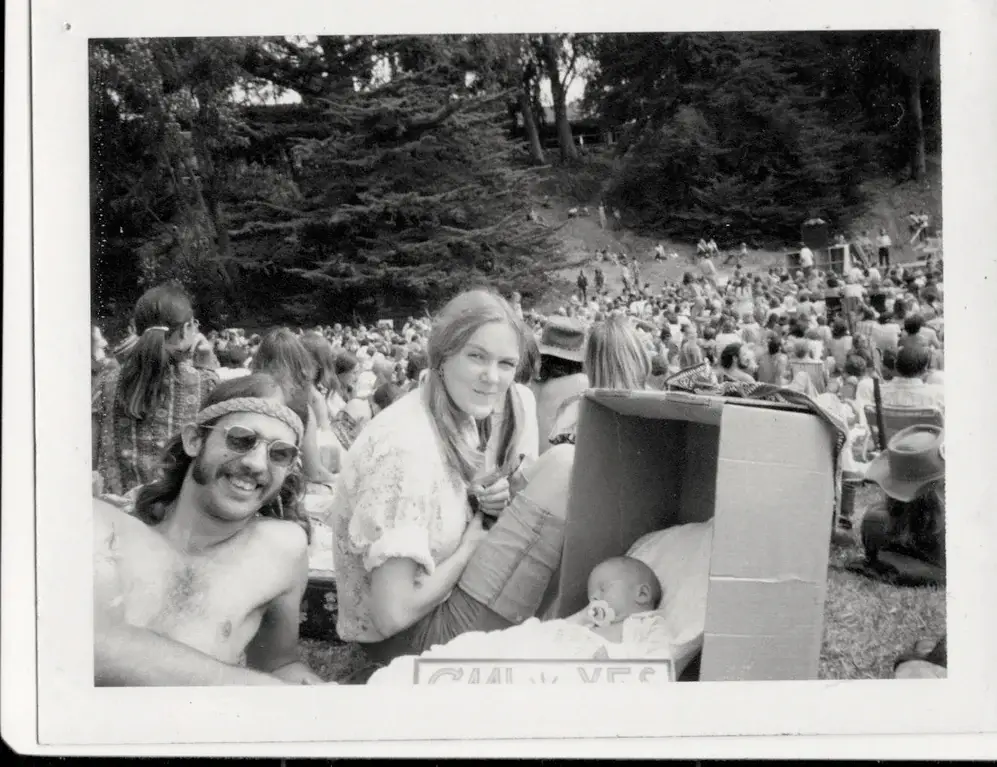 baby sleeping in cardboard box California Marijuana Initiative Rally in 1972