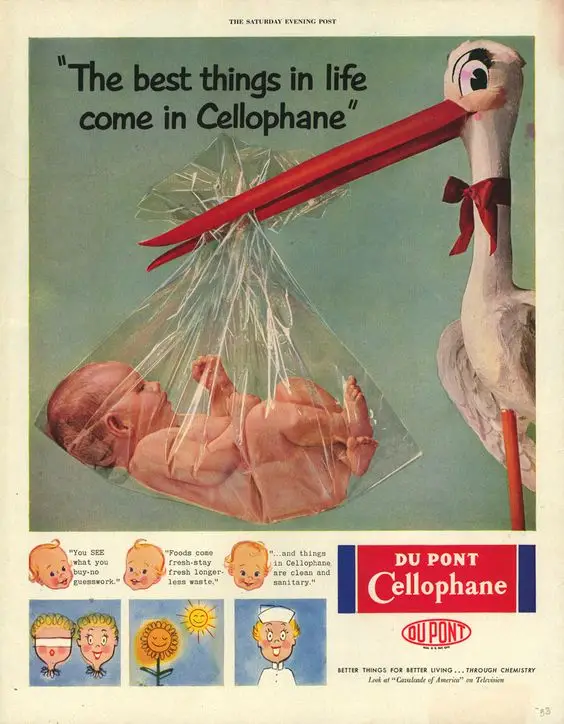 baby wrapped in cellophane. old dupont ad