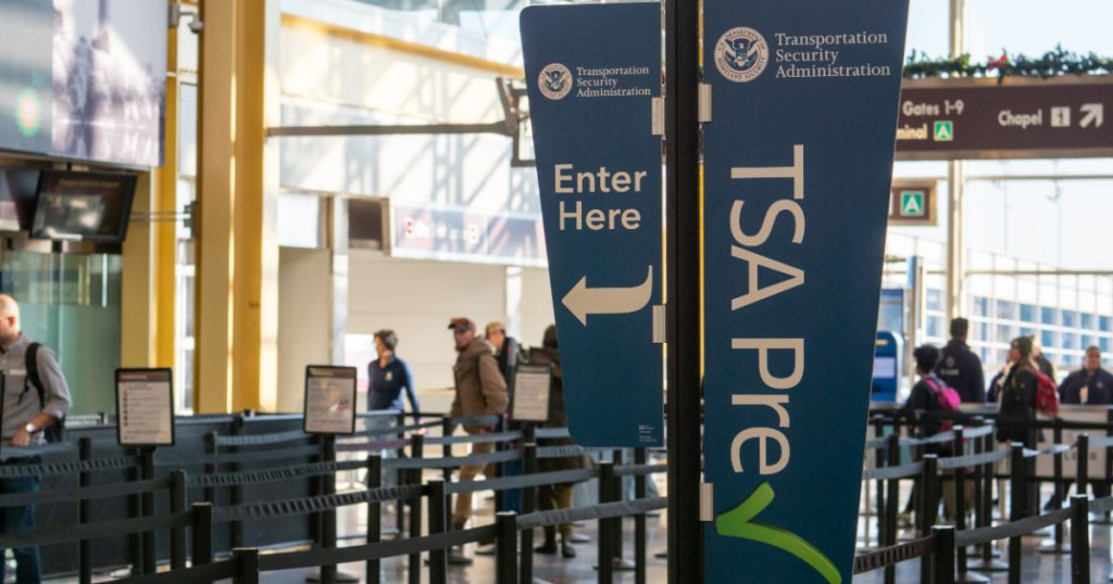 Washington, DC DECEMBER 26, 2018: TSA precheck fast lane line before security at Reagan National Airport
