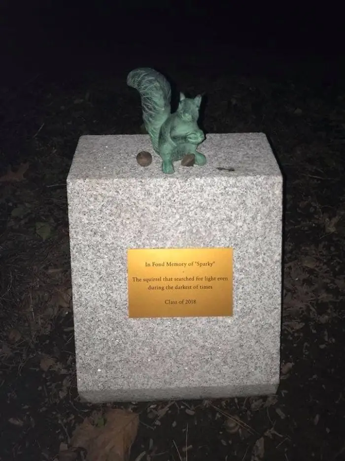 A memorial was erected for the squirrel that chewed through a wire, resulting in a two-day class cancellation. The undergrad class footed the bill.